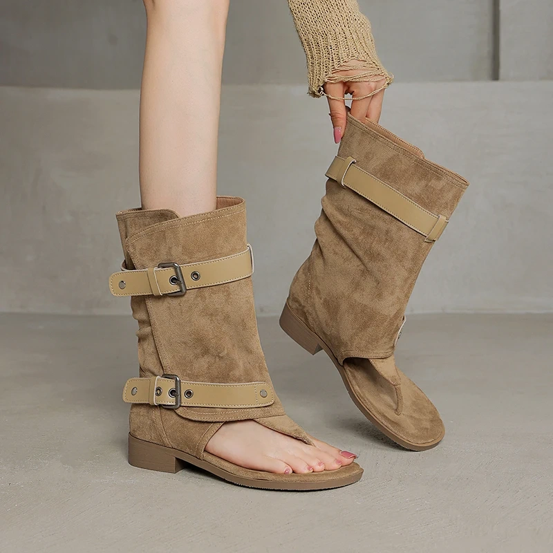 Women's Summer New Genuine Leather Solid Color Toe Strap Buckle Slip-On Round Toe 3CM Block Heel Slim Leisure Ankle Boots 50728