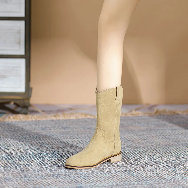 Spring Autumn New European America Style Retro Thick Heels Round Toe Sewing Genuine Leather Women Mid-Calf Half Western Boots