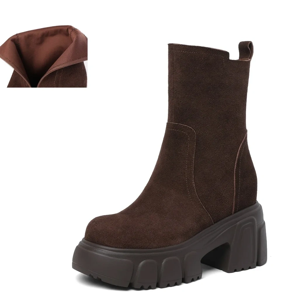 Solid Color Side Zipper 10CM Block Heel Matte Leather Platform Korean Slip On Retro Handmade Women's Autumn Winter Boots 51017