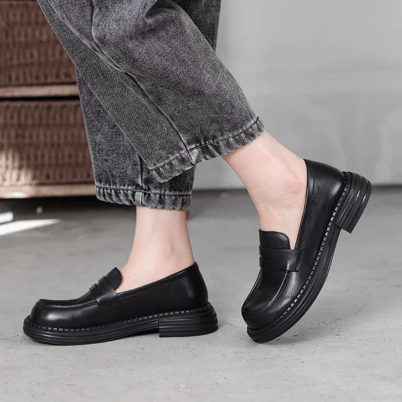 Women Spring Autumn New Slim 3 CM Square Heel Slip On Solid Color Round Toe Comfort Flats Retro Casual Loafers Shoes 50620