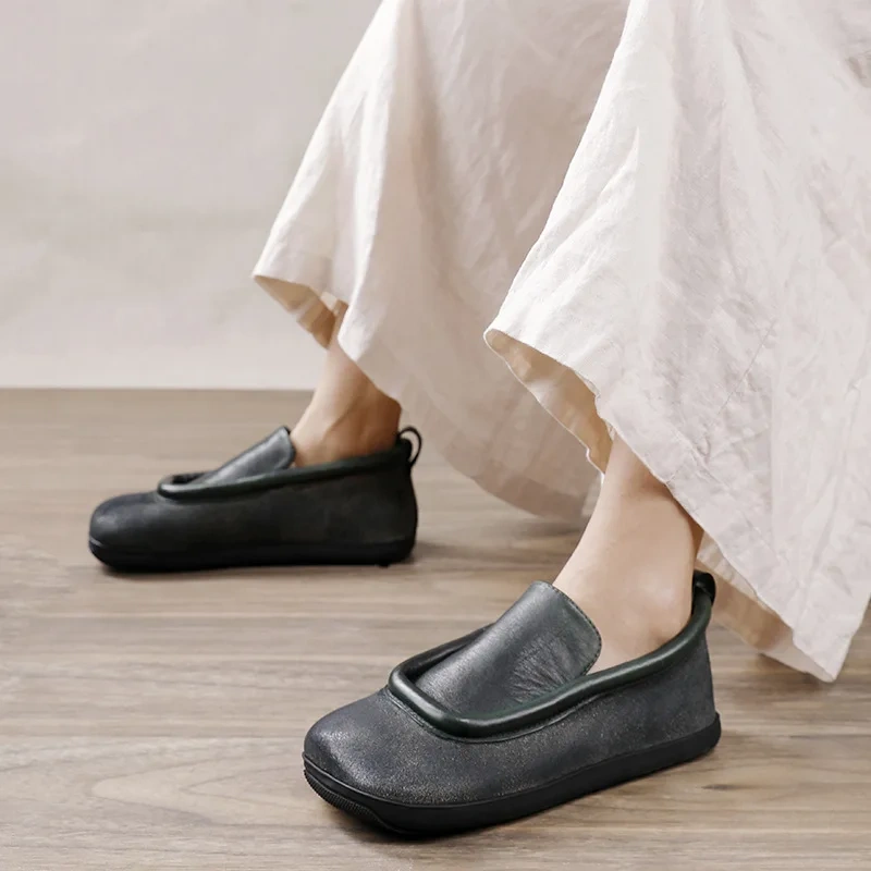Women Casual Flats Spring Autumn New Retro Shallow Square Toe Sewing Soft Sole Genuine Leather Ladies Single Shoes 2302