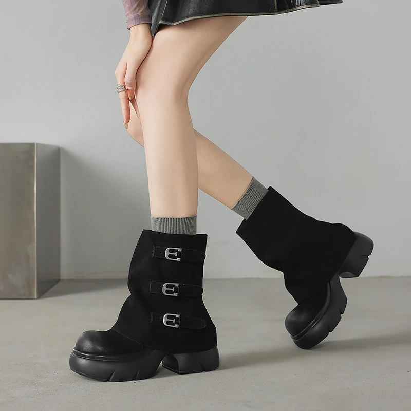 7CM Square Heel Genuine Leather Suede Metal Accents Platform Slip-On Solid Color Autumn Winter Casual Women's Ankle Boots 51030