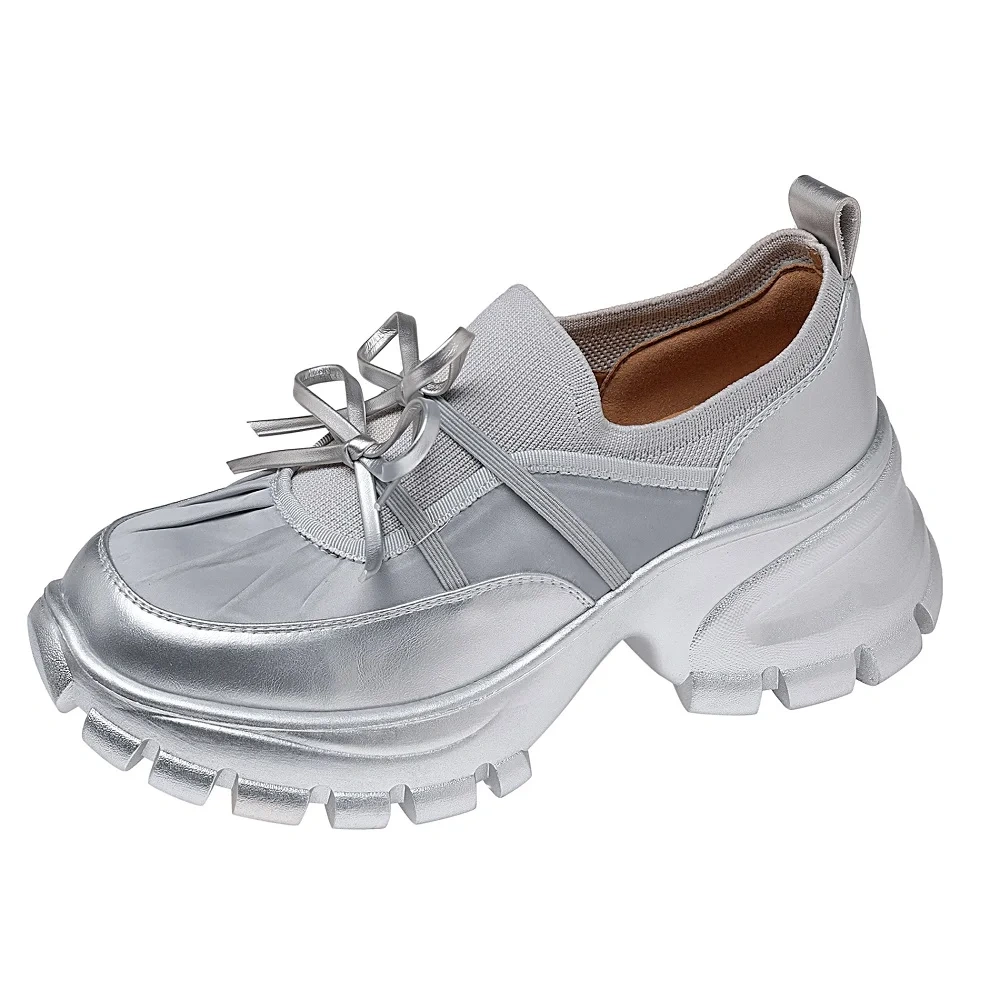 Women's New Autumn Genuine Leather Solid Color Concise Slim 7.5CM Chunky Platform Ruched Lace-Up Bowknot Casual Shoes 50727