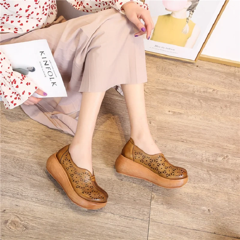 Women's Summer New Slim Wedge Genuine Leather Cut-Out Slip On Platform Soft-Soled Closed-Toe Bohemian Vintage Sandals 50624