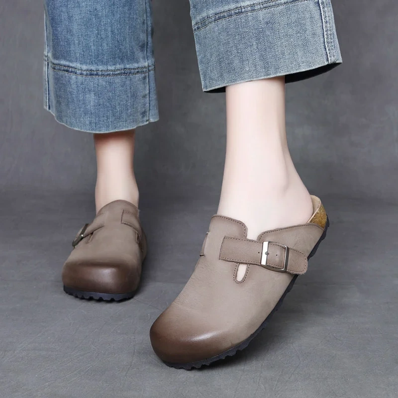 Women's Summer New Slim Fit 2.5 CM Platform Genuine Leather Round Toe Burnished Metal Buckle Flat Slip On Casual Slippers 50603