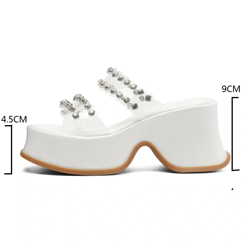 Women's Summer Fashion 9 CM Thick Sole Transparent Strap Slippers Rhinestone Chunky Heel Pink Sandals 50517