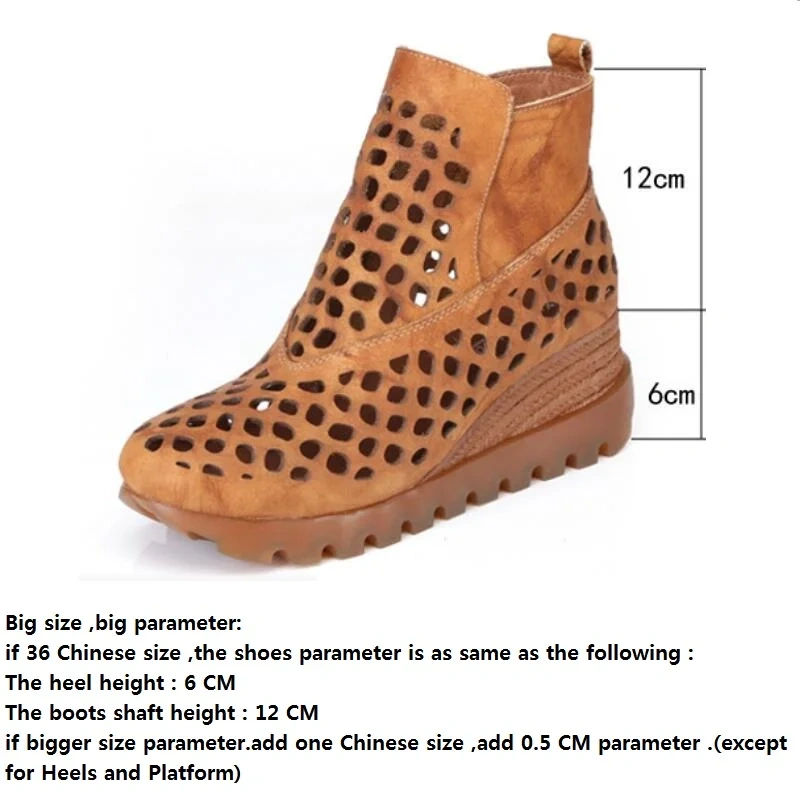 Summer New British Style Retro Wedges Round Toe Cut Out Hollow Zipper Genuine Leather Women Ankle High-top Gladiator Boots 2404