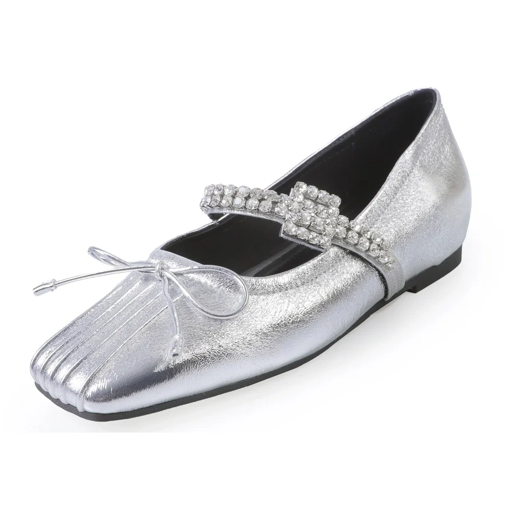 Women's New Summer/Autumn Bright Color Genuine Leather Ruched Crystals Bowknot One-Strap Shallow Mouth Fashion Casual Shoes50727