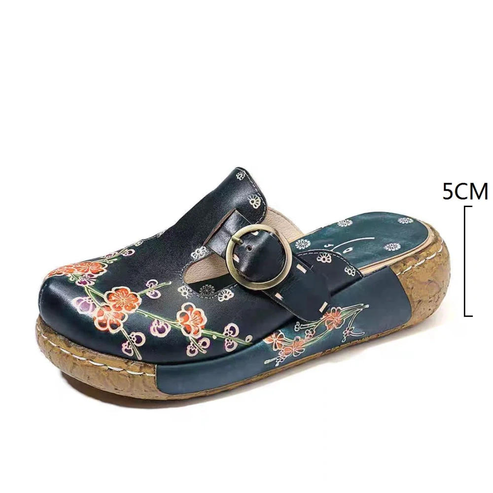 Women's Summer New 5CM Thick Sole Genuine Leather Metal Buckle Color-Block Floral Print Closed Toe Handmade Retro Slippers 50530