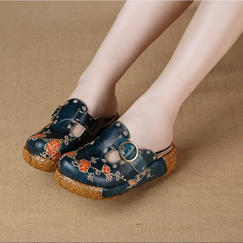 Women's Summer New 5CM Thick Sole Genuine Leather Metal Buckle Color-Block Floral Print Closed Toe Handmade Retro Slippers 50530