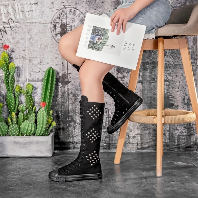Women Sneakers Punk Style Slim Flat Heels Cross-tied Rivet Plus Size 42 43 Canvas Ladies Knee High Long Riding Knight Boots