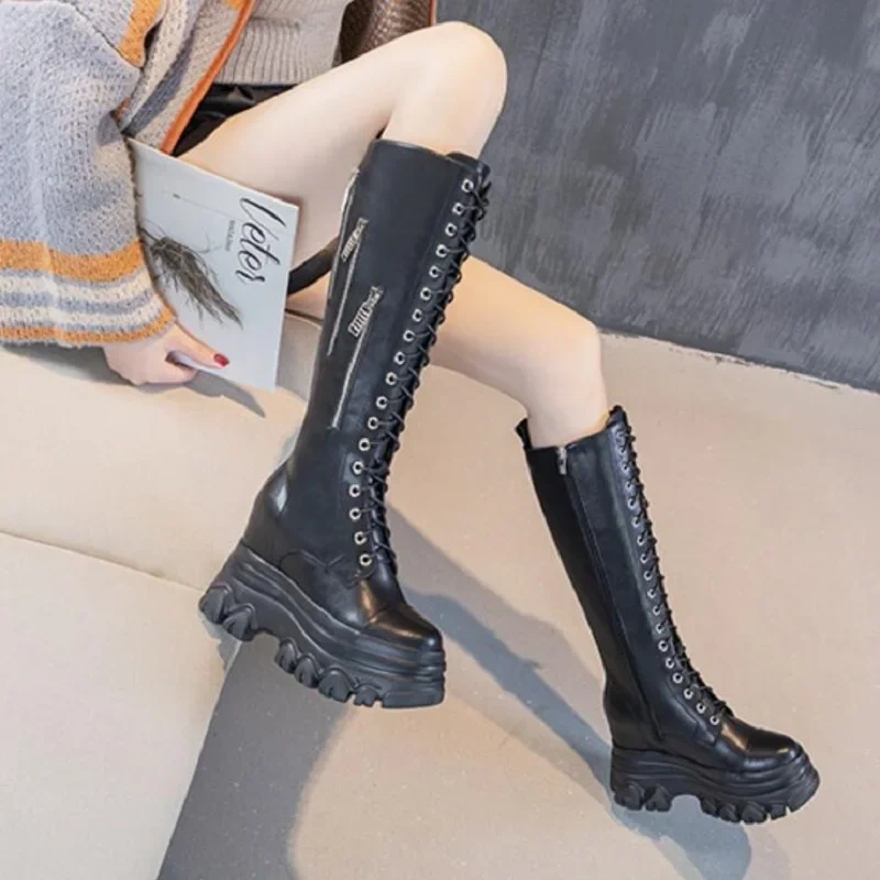 Spring Autumn Winter New Slim Height Increasing Platform Wedges Cross-tied Zippers Genuine Leather Women Knee-High Modern Boots