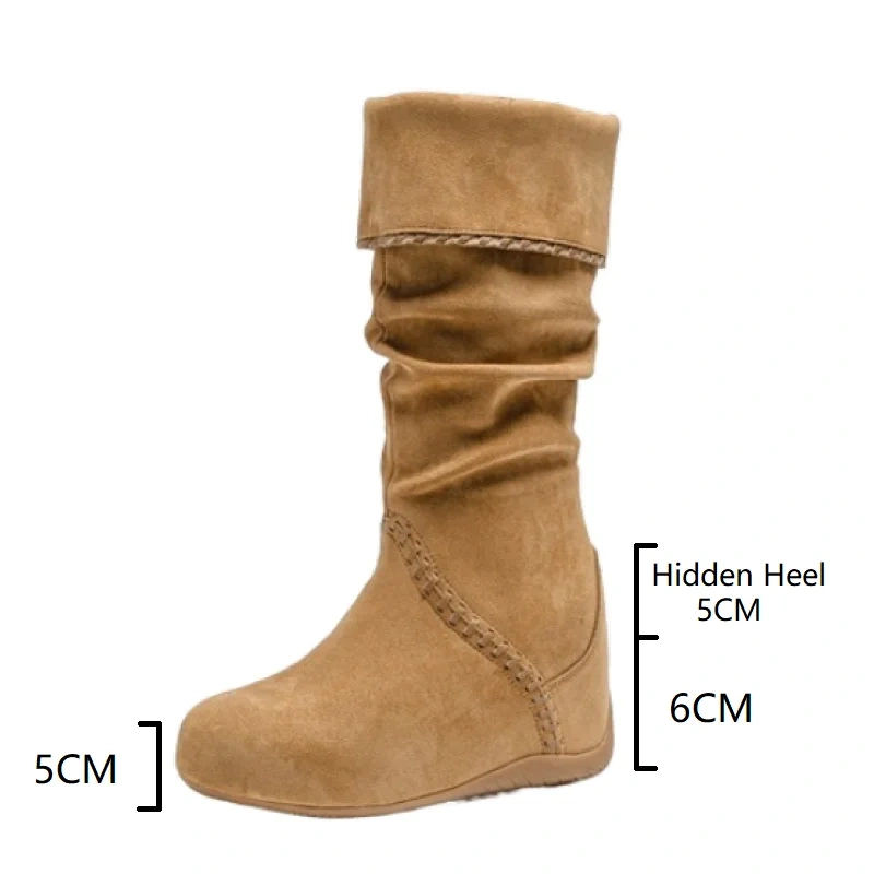 Women Autumn Winter New Mid-Calf Boots Cow Suede Casual 11CM Invisible Heel Sewing Foldable Collar Korean Style Half Boots 51014