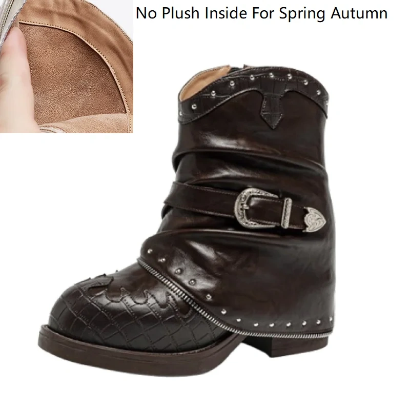 Punk 11CM Inner Height Increasing Real Leather Rivets Belt Buckle Pointed Toe Street Style Autumn Winter Women's Boots 51014