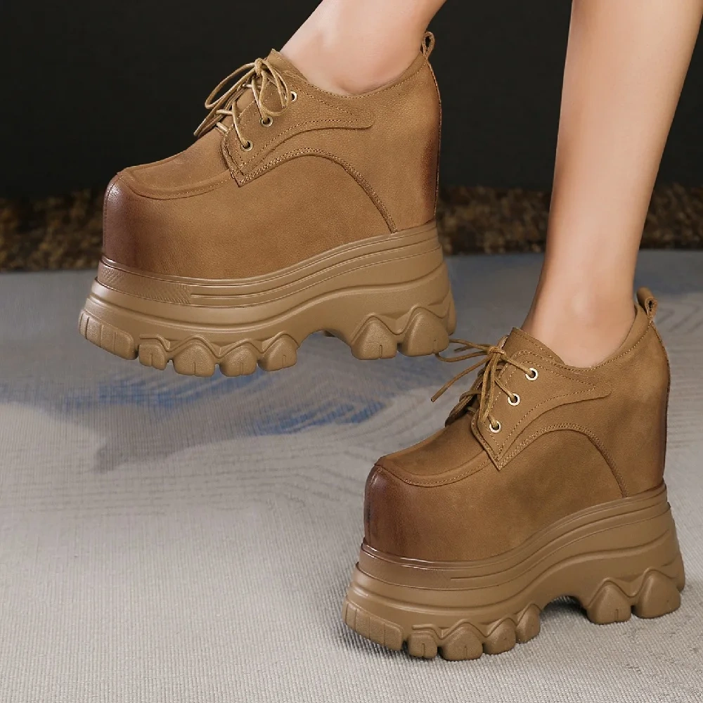 Spring Autumn New British Style Slim Height Increasing 16CM Wedges High Heels Platform Lace-Up Genuine Leather Women Pumps 2401