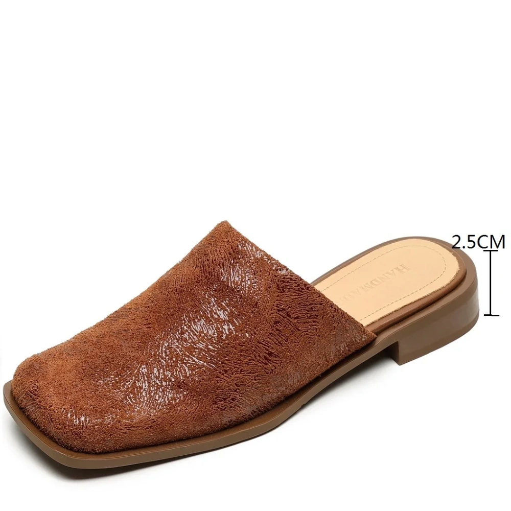 Women's Spring Summer New Fashion 2.5 CM Block Heel Genuine Leather Solid Color Closed Toe Open Back Yellow Simple Slides 50616