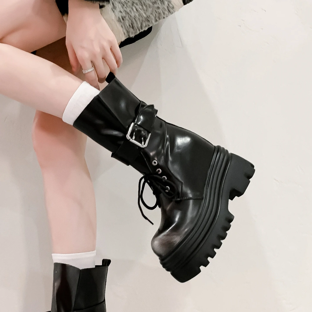 Women's Spring Autumn New Genuine Leather Round Toe Lace-Up Belt Buckle Slip-On Platform 12CM Inner Elevator Ankle Boots 50820