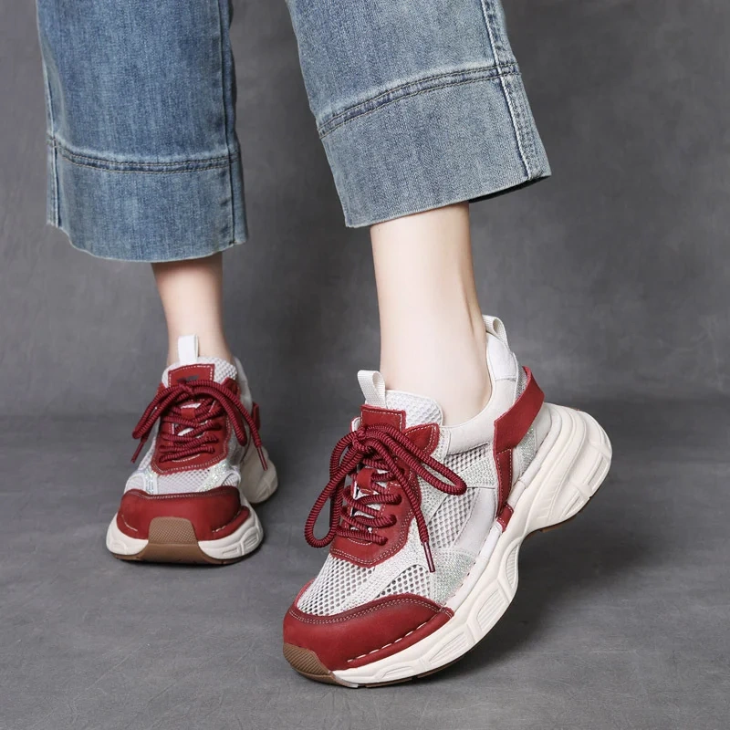 Women's Spring Summer Fashion 4 CM Thick Sole Genuine Leather & Mesh Crystals Hollow Out Platform Lace-Up Casual Shoes 50602