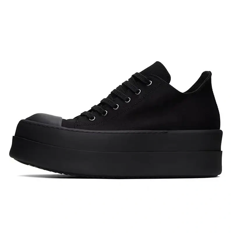 Men's Summer Spring New Sole 5cm Platform Genuine Leather Canvas Black White Color Block Round Toe Lace-Up Casual Shoes 50715
