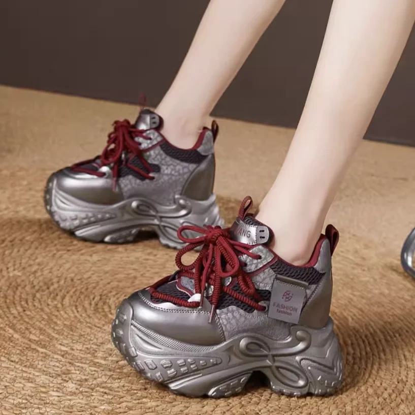 Platform Genuine Leather Lace-Up 12 CM Thick Sole Inner Heightening Casual Slimming Versatile Spring Autumn Women's Boots 51030