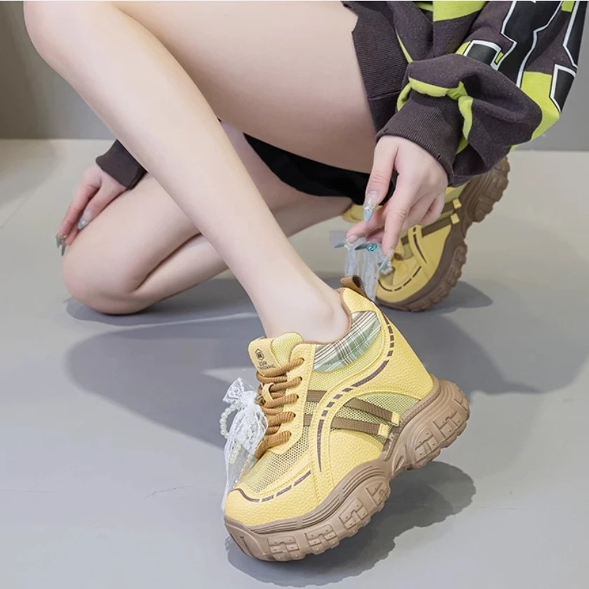 Women's Spring Autumn Fashion 10 CM Hidden Wedge Genuine Leather Mesh Sneakers Round Toe Lace Up Pearl Shoes 50522