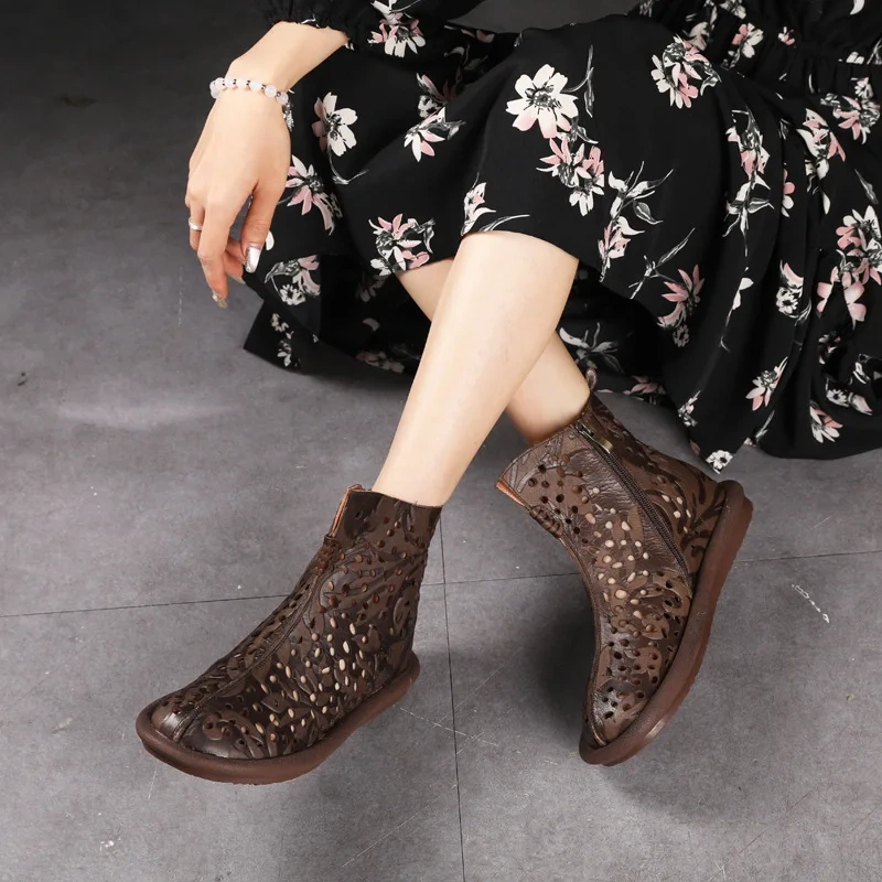 Summer New National Style Retro Chunky Sole Hollow Woven Brogue Zipper Genuine Leather Women Ankle High Top Knight Boots 2404
