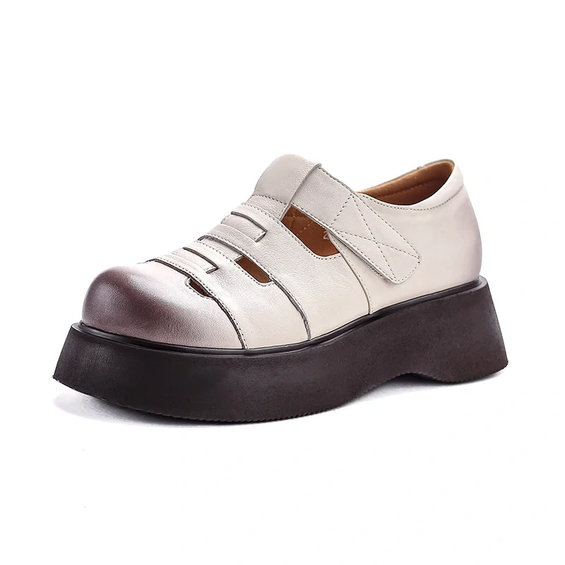 Women's Spring Summer Slim 4.5CM Thick Sole Round-Toe Genuine Leather Platform Hook&Loop Cutout Strappy Roman Sandals 50707
