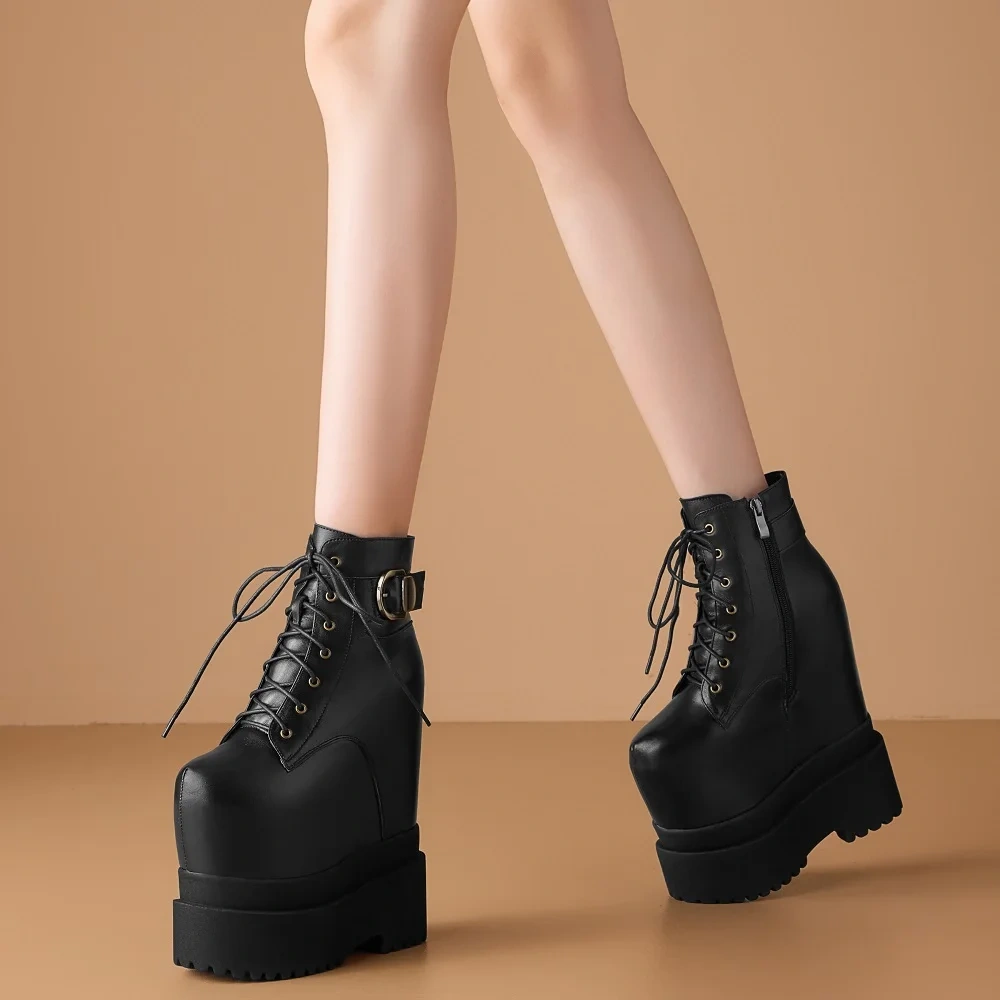 20CM Ultra High Heel Genuine Leather British Style Side Zipper Platform Stage Model Boots Ankle Boots Non-Slip Plush Lined 51016