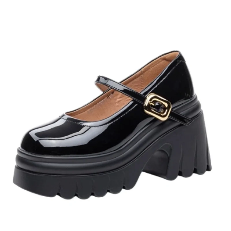 Women's Spring Summer Chunky Heel 10CM Pointed Toe Genuine Leather Buckle Strap Round Toe Breathable British Style Pumps 50714
