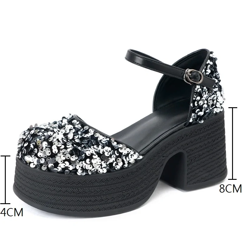Women's Summer New Mary Jane Pumps 8 CM Chunky Heel Sequins Platform Square Toe Shallow Mouth Buckle Strap Fashion Shoes 50614