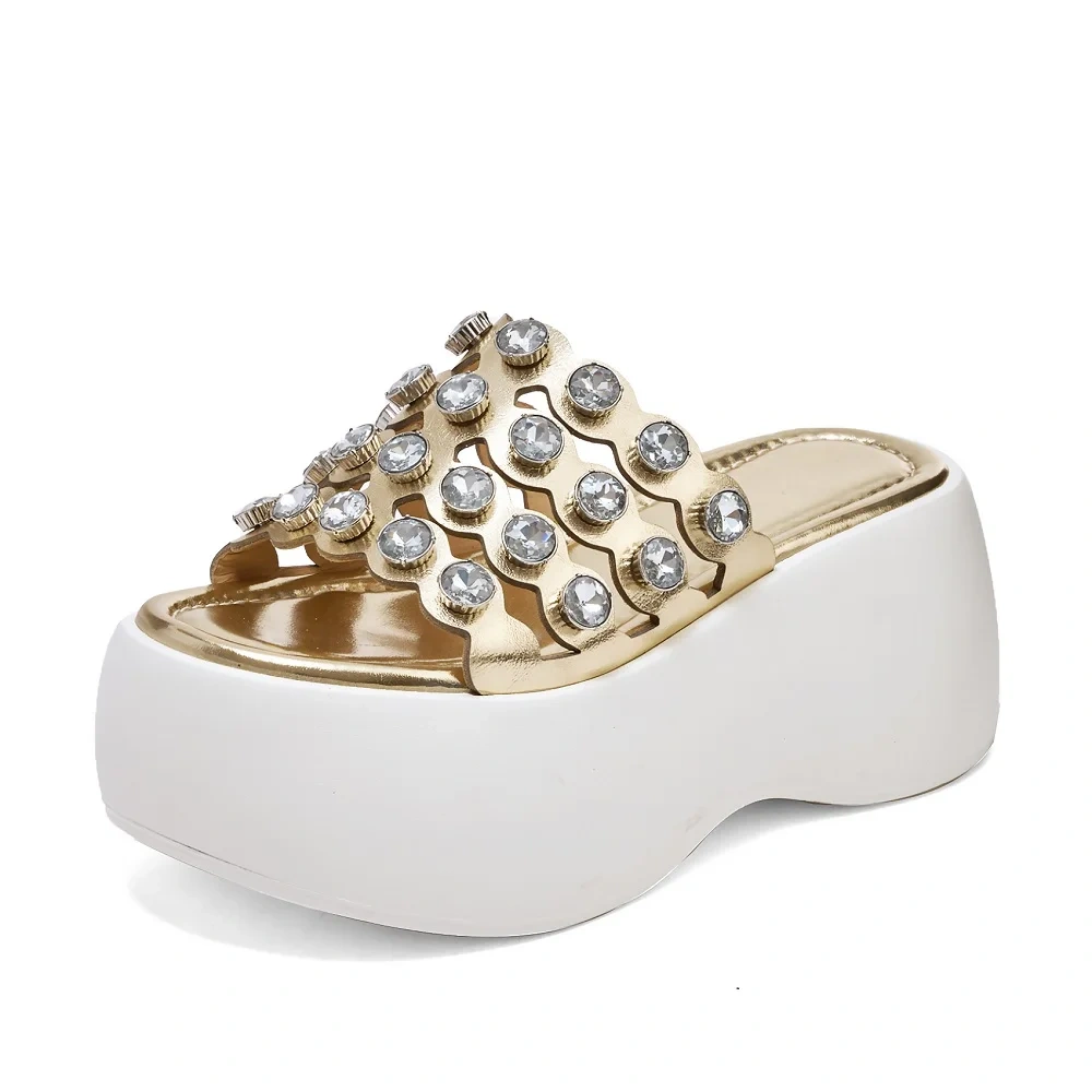Women's Summer Fashion Slim 8 CM Thick Sole Flat Genuine Leather Open Toe Platform Cut Out Crystals Gladiator Slippers 50528