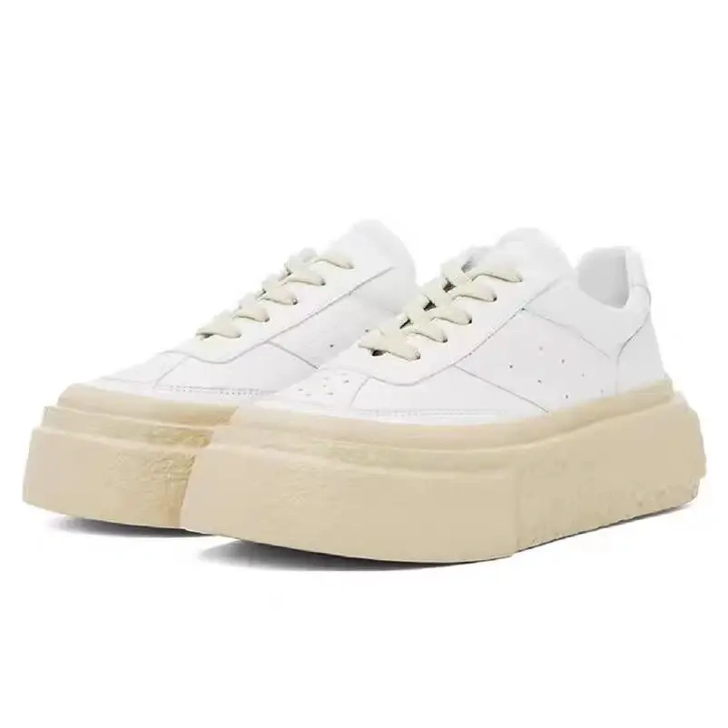 Men's Spring Autumn New 5CM Thick Sole Genuine Leather Platform Solid Color Round Toe Pigskin Lining Lace-Up Casual Shoes 50714