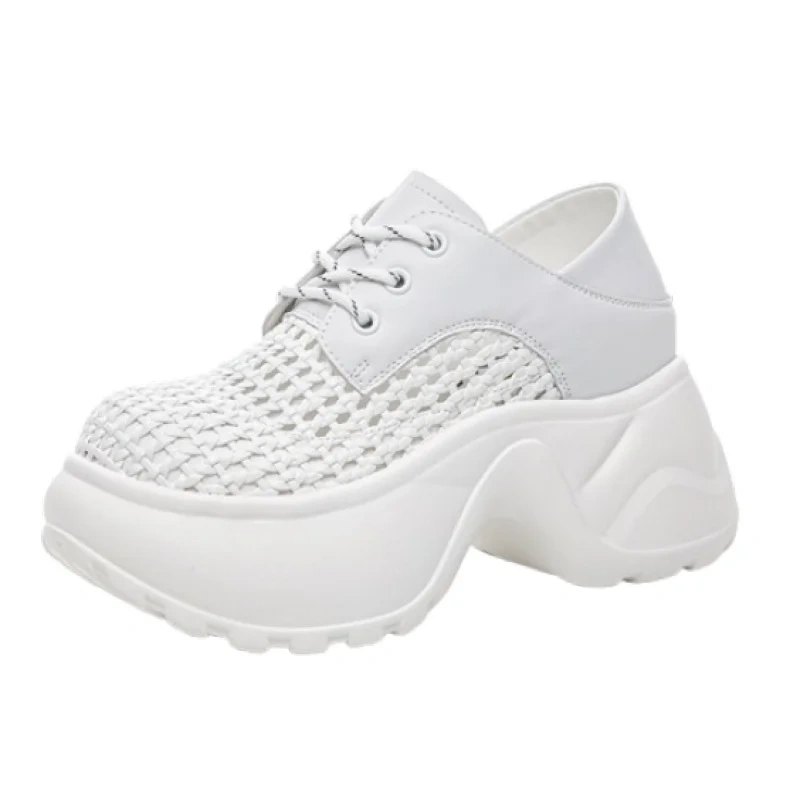 Women's Summer Fashion Slim Fit 10CM High Heel Platform Genuine Leather & Mesh Hollow-Out Lace-Up Casual Solid Color Shoes 50713