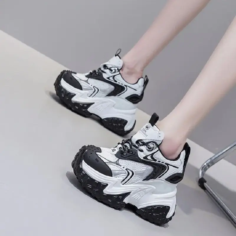 Spring Autumn Women New 13 CM Height Increase Elevator Shoes Real Genuine Leather Color Block Lace Up Platform Wedge Sneakers