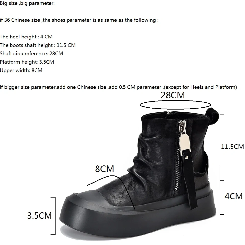 Women's Autumn Spring Fashion Genuine Leather 3 CM Thick Sole Solid Color Zipper Wrinkle Platform Ankle Boots 50530
