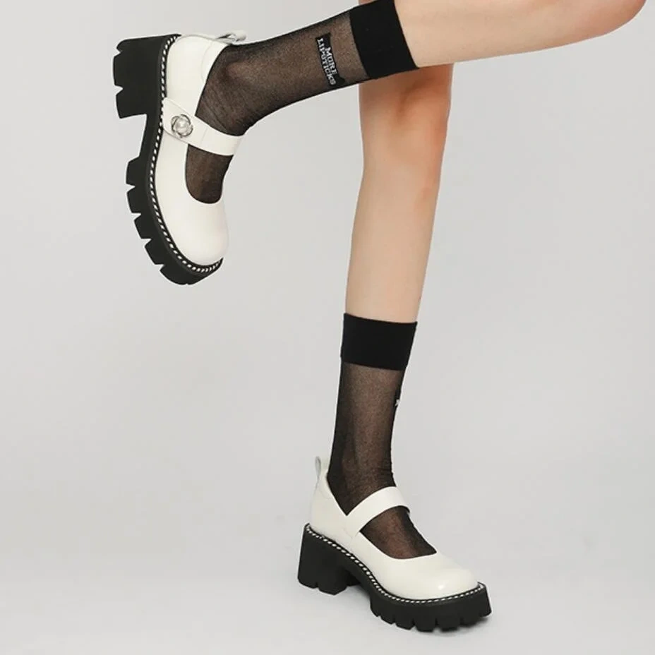 Spring Autumn New British Style Retro Thick High Heels Platform Rhinestone Belt Buckle Patent Leather Women Mary Janes Pumps
