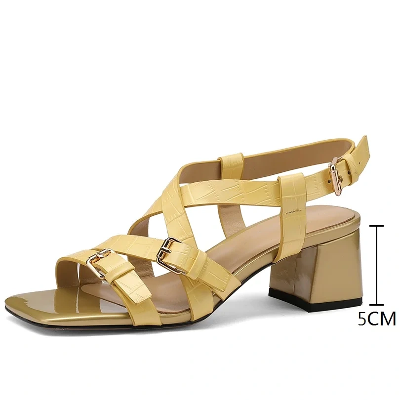 Women's Summer New Fashion Slim 5 CM Chunky Heel Genuine Leather Buckle Open Toe Open Back Soild Color Gladiator Sandals 50616