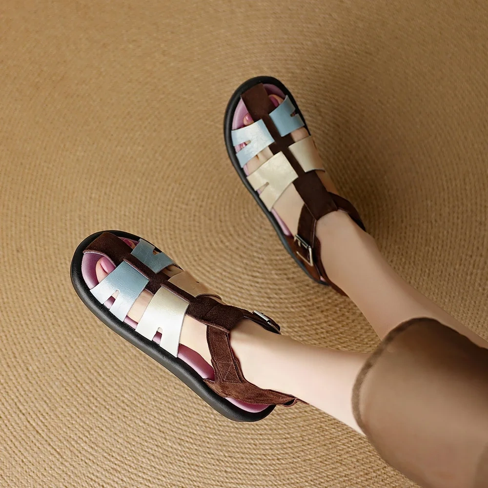 Women's Summer New 2.5 CM Flat Genuine Leather Color Block Cut Out Woven Peep Toe Backless Buckle Strap Gladiator Sandals 50614