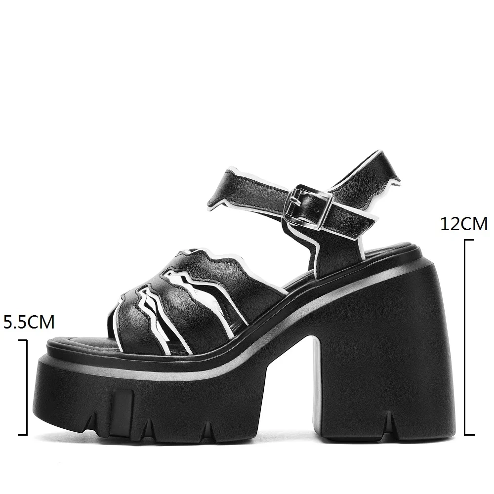 Women's Summer Fashion 12 CM High Heel Chunky Heel Genuine Leather Sandals Block Metal Buckle Open-Toe Strappy Sandals 50520