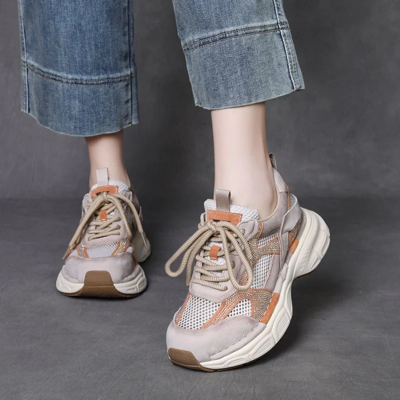 Women's Spring Summer Fashion 4 CM Thick Sole Genuine Leather & Mesh Crystals Hollow Out Platform Lace-Up Casual Shoes 50602