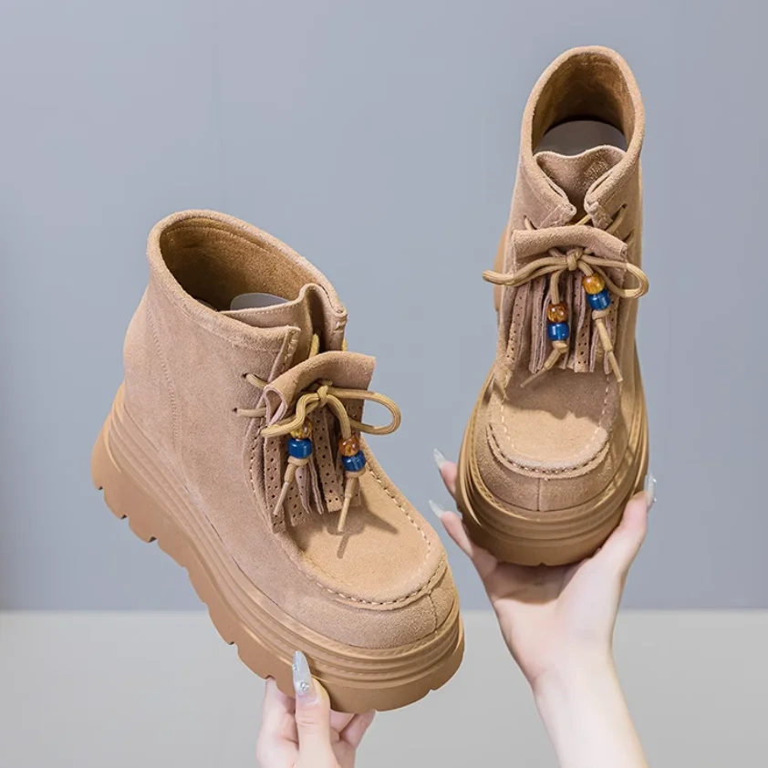 British Style Tassel Lace-Up Genuine Leather 12 CM Thick Sole Casual Beaded Cow Suede Versatile Autumn Women Ankle Boots 51014