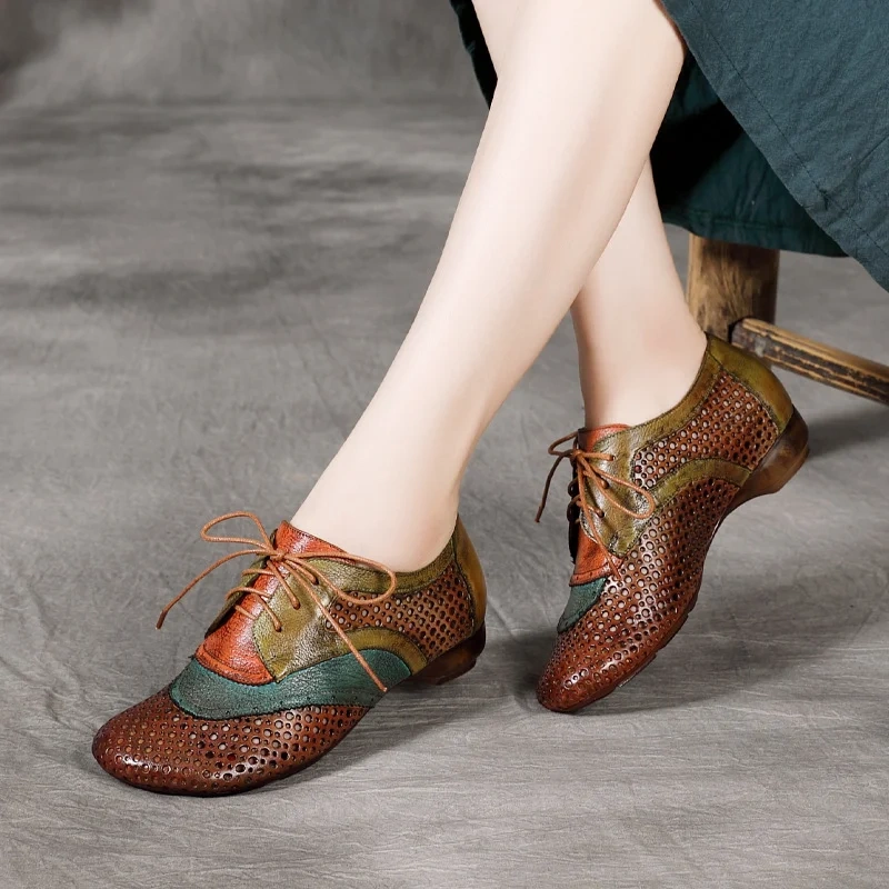 Women's Summer New 3 CM Low Chunky Heel Genuine Leather Color Block Lace Up Retro Cut Out Breathable Shoes 50630