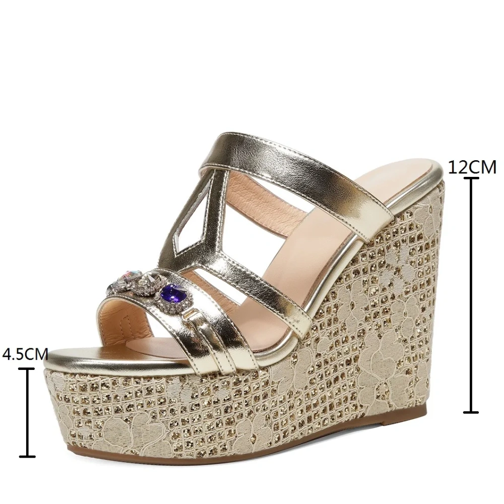 Women's Summer New Fashion 12CM Thick Platform Wedge Heel Genuine Leather Crystals Open Toe Platform Gladiator Slippers 50711