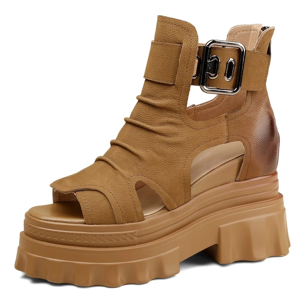 Summer New Slim Height Increasing Platform Peep Toe Metal Buckle Pleated Cut Out Genuine Leather Women Ankle Short Rome Boots