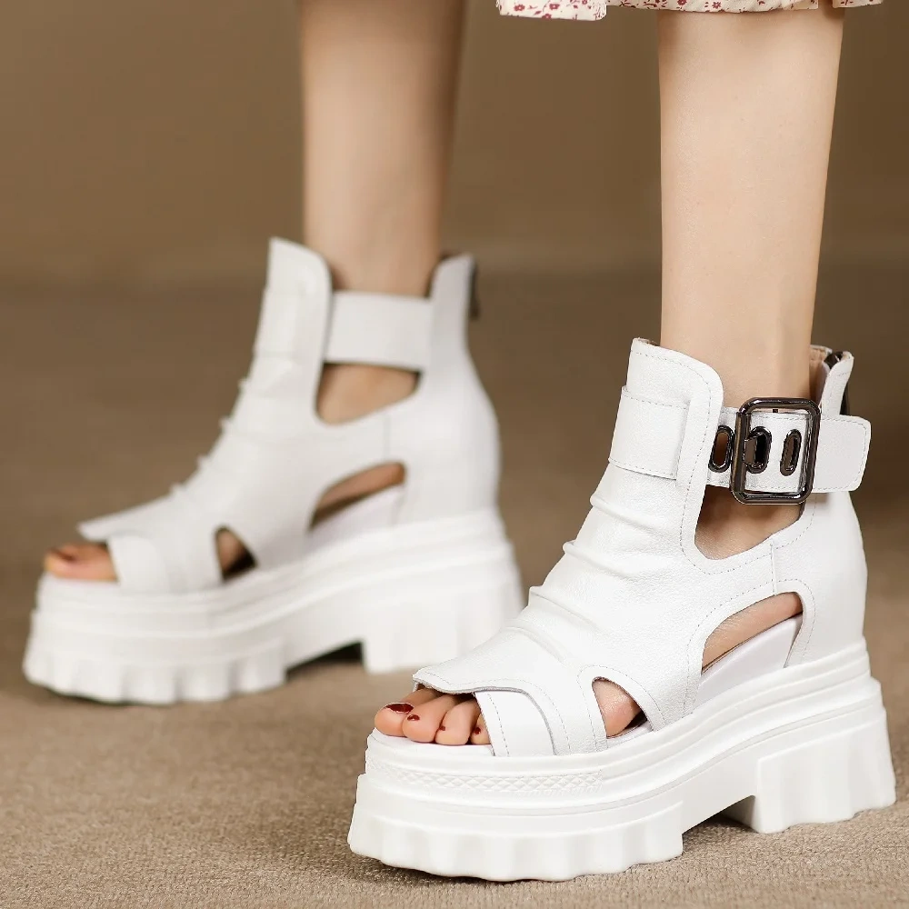 Summer New Slim Height Increasing Platform Peep Toe Metal Buckle Pleated Cut Out Genuine Leather Women Ankle Short Rome Boots