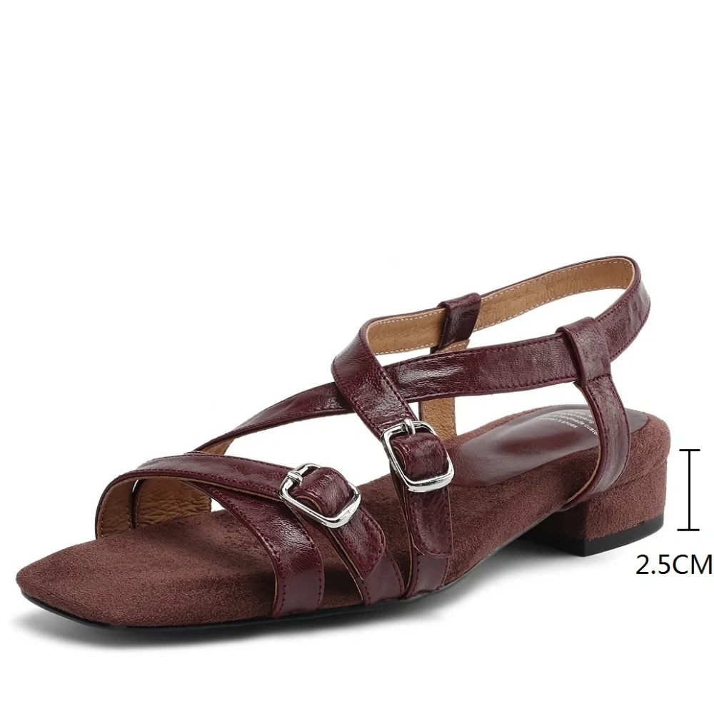 Women's Summer 2.5 CM Block Heel Genuine Sheep Leather Square Toe Gladiator Straps Buckle Slip-On Open Toe & Back Sandals 50617