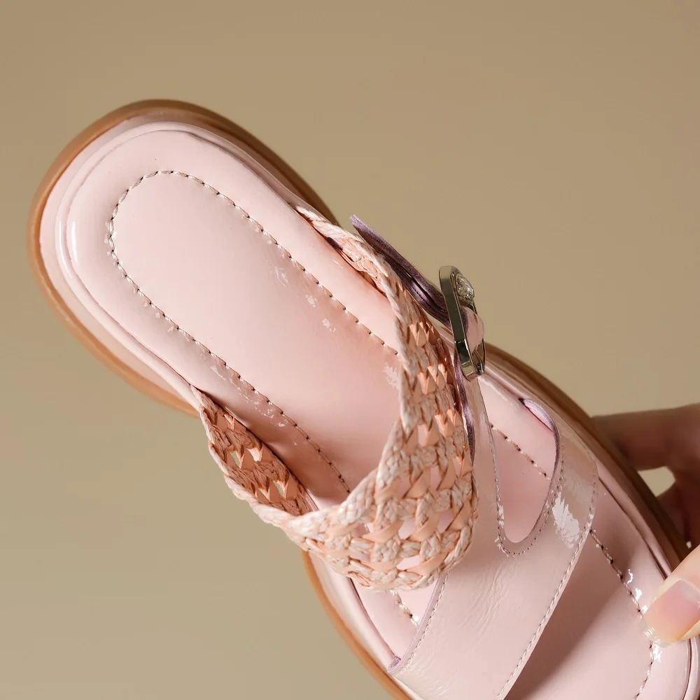 Women's 9CM High Wedge Sandals Genuine Leather Summer Open The Toe Braided Buckle Hollow-Out Fashion Slides 50516