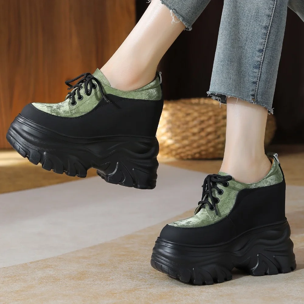 Spring Autumn New Slim 14CM High Heels Platform Wedges Mixed Colors Lace-Up Genuine Leather Women Casual Shoes Ladies Sneakers