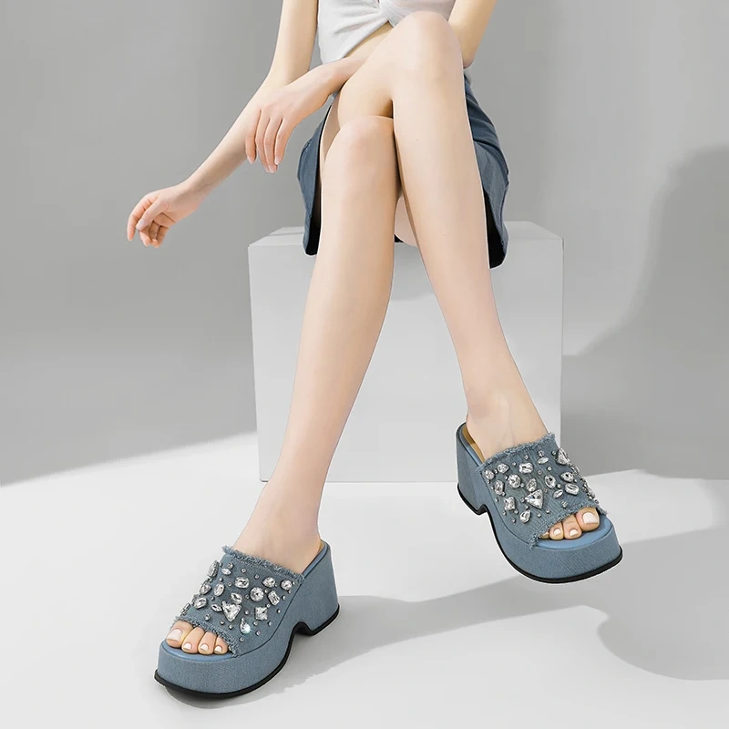 Women's Summer New Slim 9 CM Chunky Heel Denim Crystals Open Toe Wedge Platform Fashion Slippers 50607