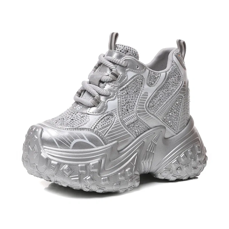 Ladies 12CM Heels Platform Thick Soled Real Leather Sneakers New Spring Autumn Style Rhinestone Color Block Casual Low Cut Shoes